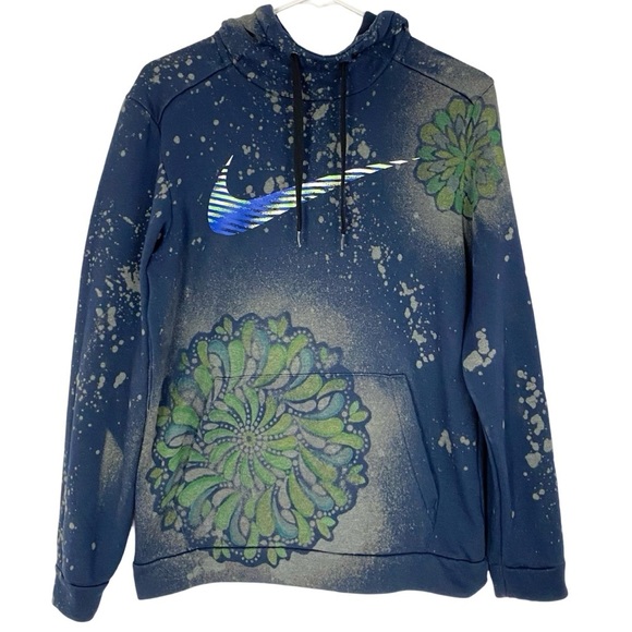 Nike Upcycled Sweatshirt Hoodie Pullover Mens Small Unisex Blue Logo Stencil - Picture 1 of 10